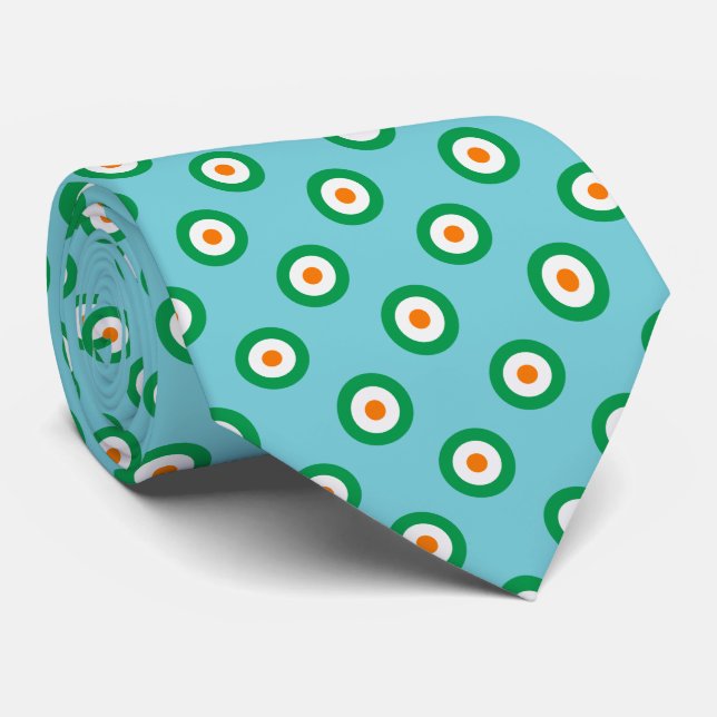 Cravate Pois vert blanc orange sur bleu clair (Roulé)