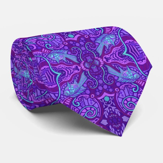 Cravate Poisson Arabesque sous-marin Motif bohème violet (Roulé)