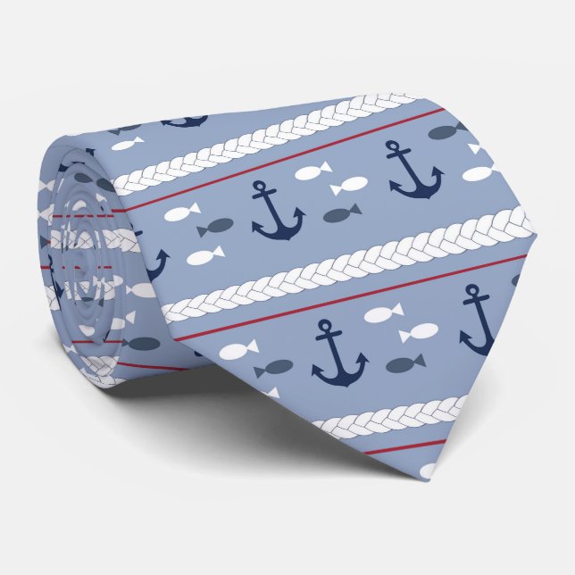 Cravate Poisson nautique voile bateau rouge blanc bleu (Roulé)