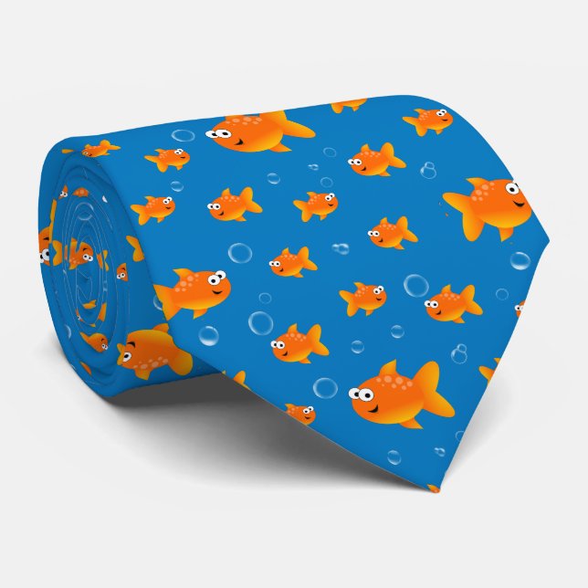 Cravate Poisson rouge, bulles sur un fond bleu changeant (Roulé)