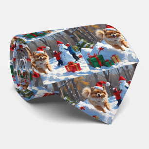 Cravate Pomeranian courant dans la neige avec un chapeau d