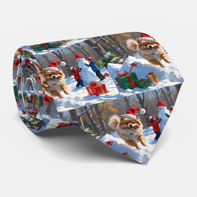Cravate Poméranien en neige avec Casquette de Noël (Roulé)