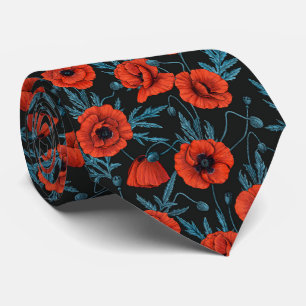 Cravate Poppies, rouge et bleu sur noir