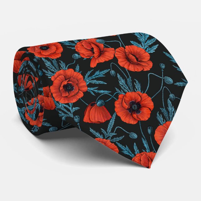 Cravate Poppies, rouge et bleu sur noir (Roulé)