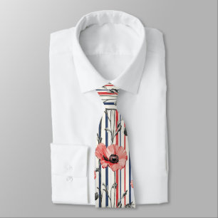 Cravate Poppies rouges avec Feuilles bleus et Motif rayé