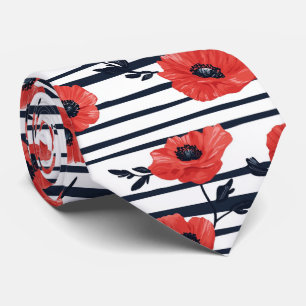 Cravate Poppies rouges avec Feuilles bleus et Motif rayé 3