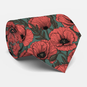 Cravate Poppy garden in coral, brown and pine green