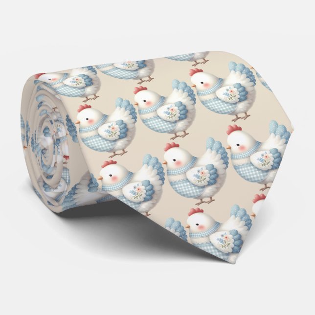 Cravate Poule de Cottage en Gingham Bleu (Roulé)