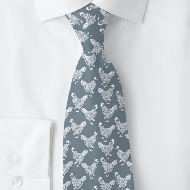 Cravate Poulet Poule Volailles (Chicken hen poultry pattern dusty blue and white neck tie)