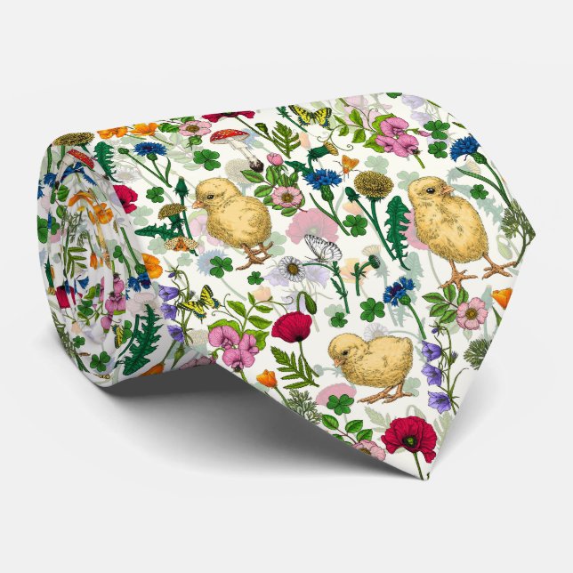 Cravate Poulets et fleurs sauvages sur blanc cassé (Roulé)