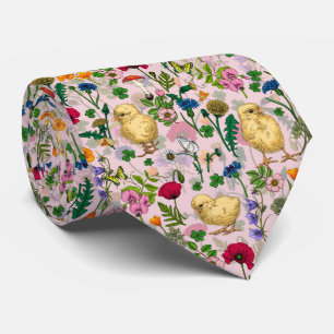 Cravate Poulets et fleurs sauvages sur coton bonbon rose