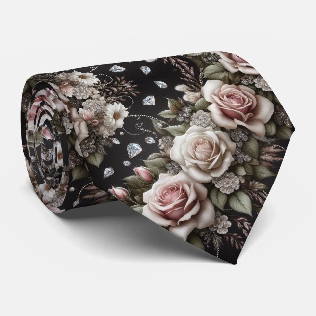 Cravate pour Homme | Roses Roses et Diamants (Roulé)