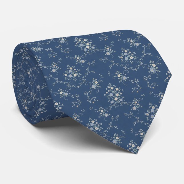 Cravate Poussière botanique bleu et fleurs  (Roulé)