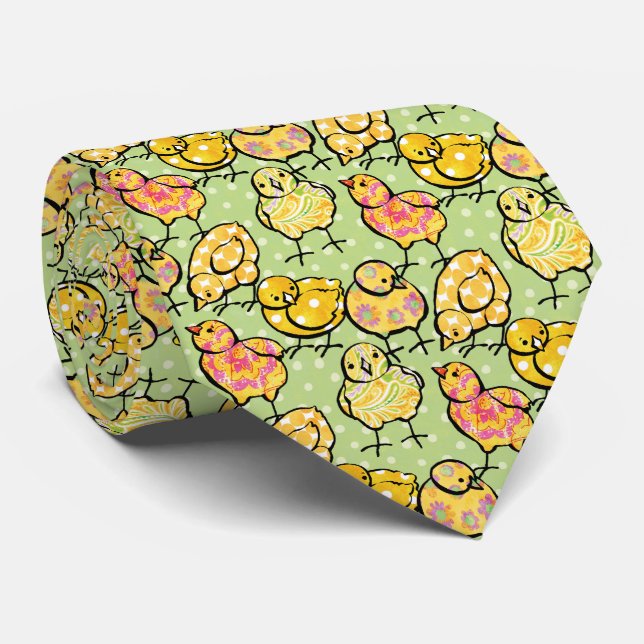 Cravate Poussins Jaunes de Pâques sur Motif Vert (Roulé)