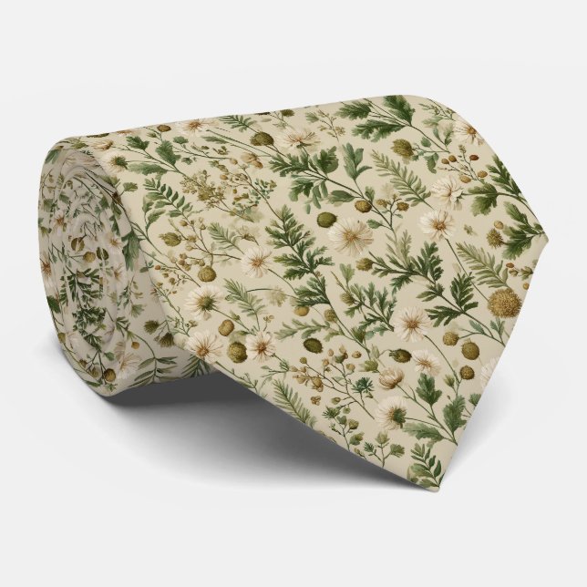 Cravate Prairie de fleurs sauvages vert olive Mariage pers (Roulé)