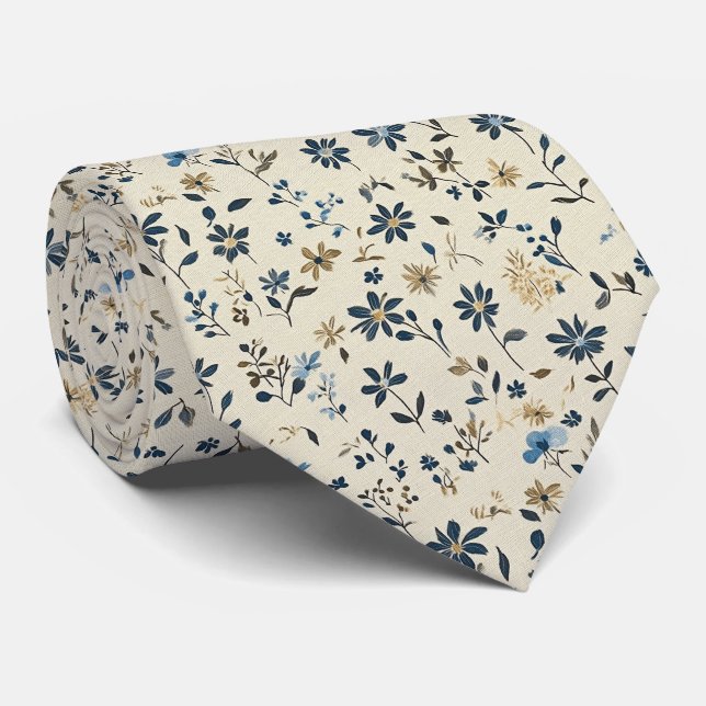 Cravate Pré Fleur sauvage bleu en Mariage crème (Roulé)