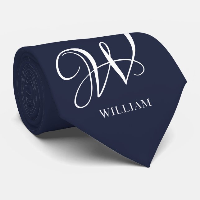 Cravate Premier monogramme bleu marine personnalisé (Roulé)