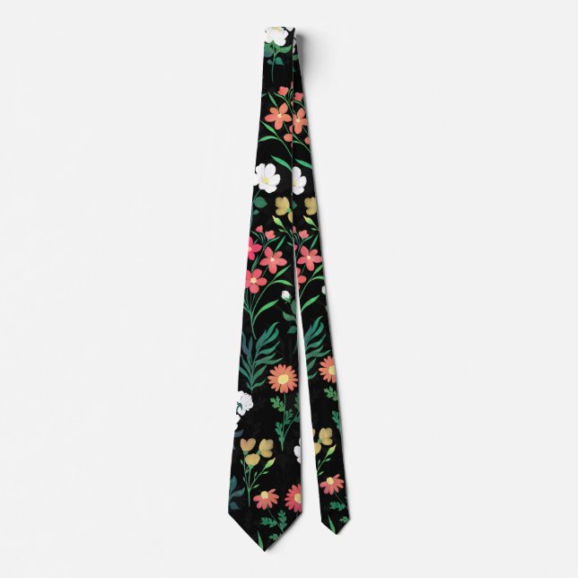 Cravate Pretty Watercolor Floral Botanical Black (Devant)
