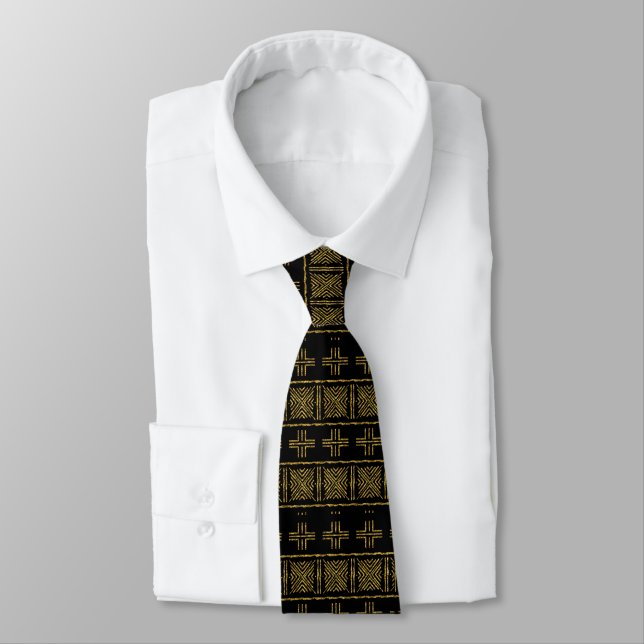 Cravate Printed African Black n Gold Bogolan Mud Cloth Tie (Attaché)