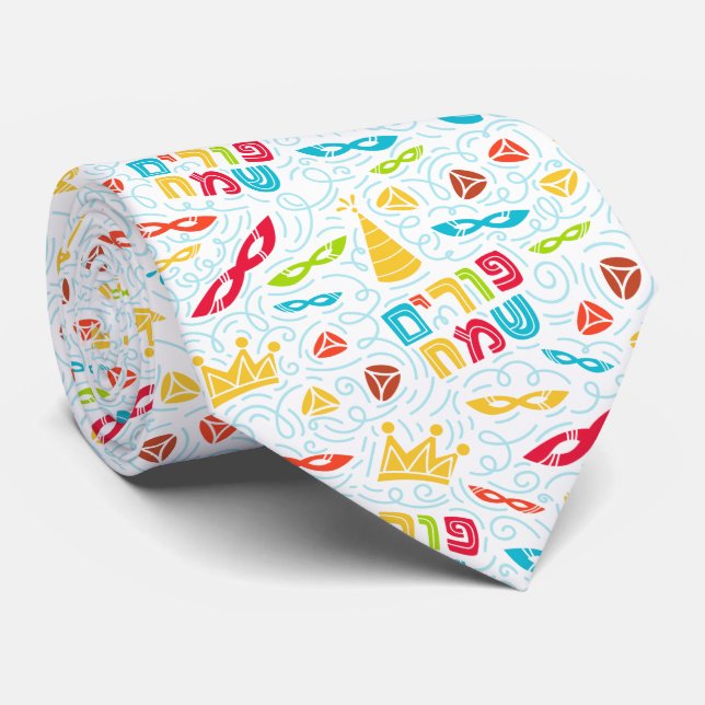 Cravate Purim Tie with Hebrew "Happy Purim" Text (Roulé)