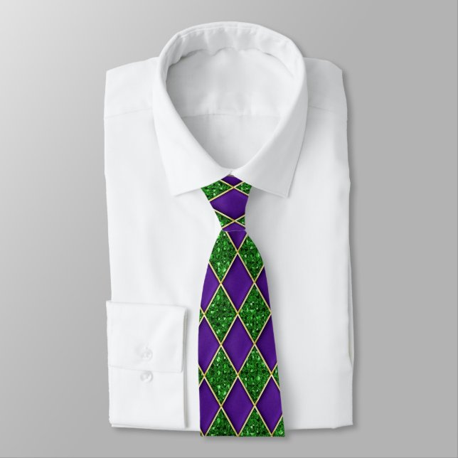 Cravate Purple Diamond Green Sequin Pattern Mardi Gras Tie (Attaché)