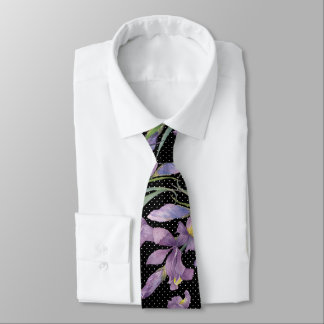 Cravate Purple Irises Botanique Noir Blanc Pois