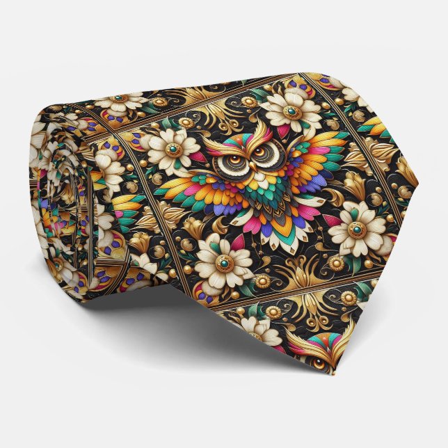 Cravate Rainbow Owl Art Deco Necktie – Black, White & Gold (Roulé)