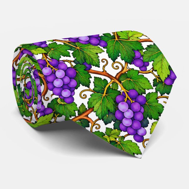Cravate Raisins violets et feuilles de vignoble vertes (Roulé)