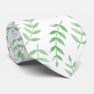 Cravate Rameaux Abstraits Feuilles Blanches et Vertes
