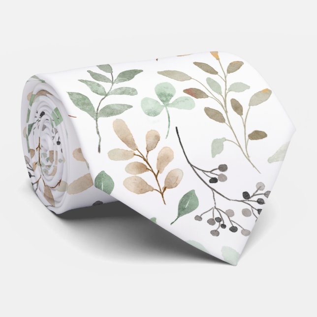 Cravate Rameaux Abstraits Feuilles Vert Blanc Marron (Roulé)