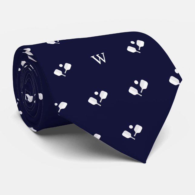Cravate Raquettes de Pickleball Blanches Monogramme Initia (Roulé)