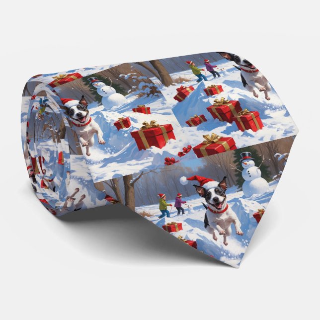 Cravate Rat Terrier courant dans la neige avec un chapeau  (Roulé)