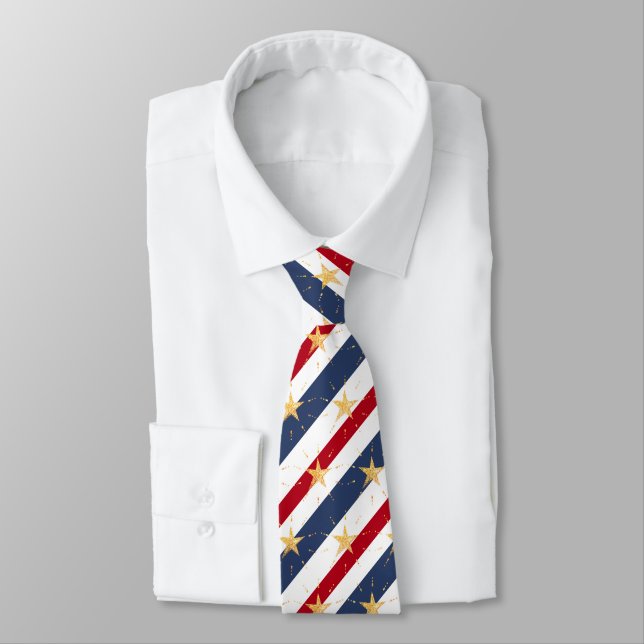 Cravate Rayé Rouge Blanc & Bleu 2 Étoiles Brillantes Étoil (Attaché)