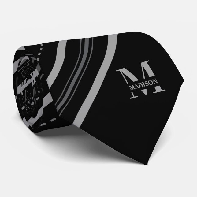 Cravate Rayure diagonale noire et grise avec monogramme et (Roulé)