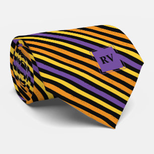 Cravate Rayures Colorées Monogramme Violet Orange et Noir