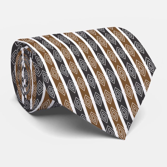 Cravate Rayures géométriques diamant gris marron (Roulé)