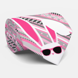 Cravate Rayures roses, grises et blanches avec lapin de Pâ