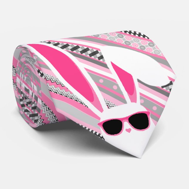 Cravate Rayures roses, grises et blanches avec lapin de Pâ (Roulé)