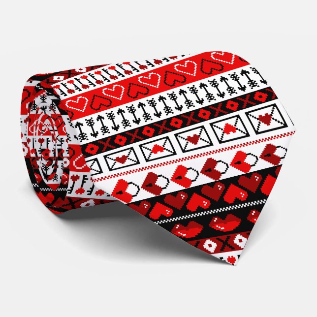 Cravate Red 8 Bit Valentines Motif Heart Stripes (Roulé)