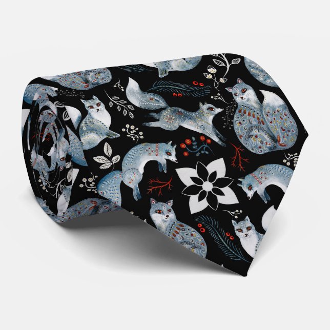 Cravate Renards bleus stylisés avec des motifs floraux com (Roulé)