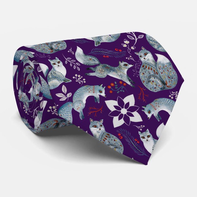 Cravate Renards bleus stylisés avec des motifs floraux com (Roulé)