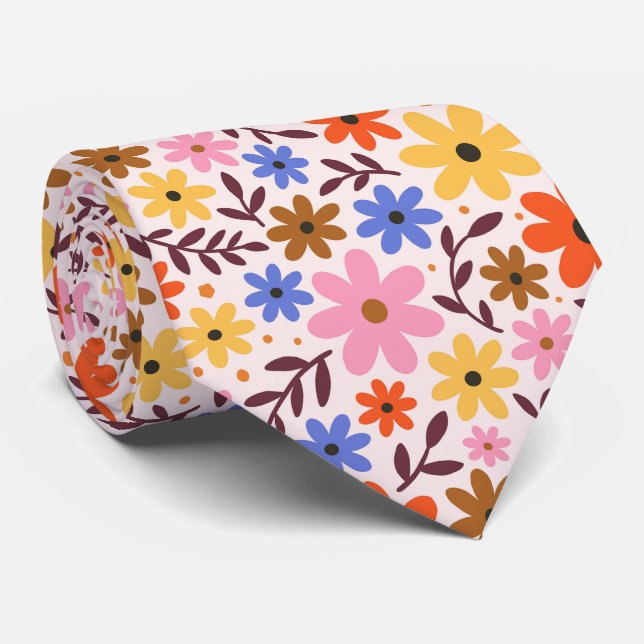 Cravate Retro 60s floral - daisy flowers in pink, orange (Roulé)
