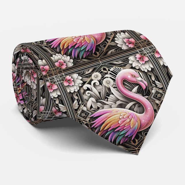 Cravate Retro Art Deco Pink Flamingos (Roulé)
