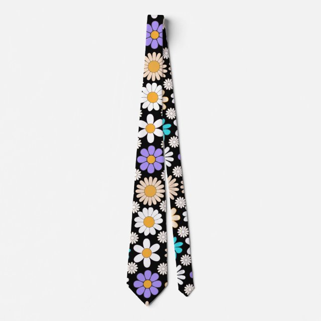 Cravate Retro Daisy Motif Simple.01. BG noir (Devant)