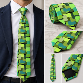Cravate Rétro Géométrique Vert Citron Olive Jade Abstrait