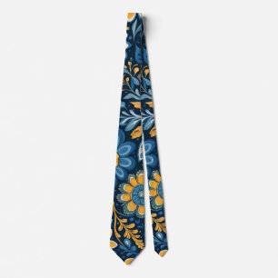 Cravate Rétro Hippie Vintage Fleurs Design Jaune Bleu