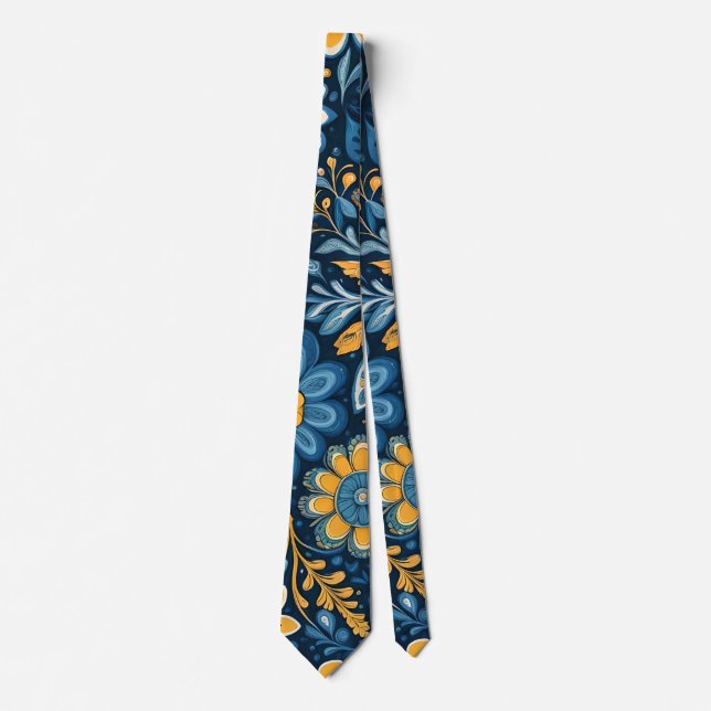 Cravate Rétro Hippie Vintage Fleurs Design Jaune Bleu (Devant)