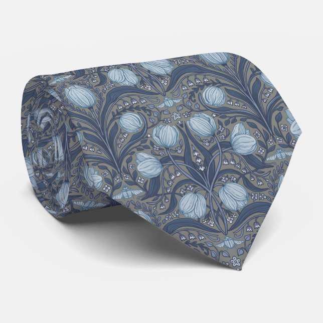 Cravate Retro Nouveau Tulips in blue and pewter (Roulé)