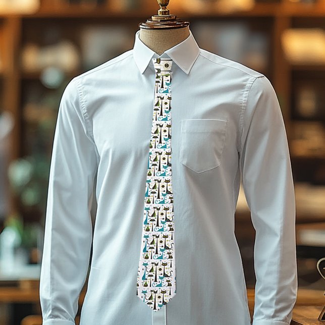 Cravate Rétro Vintage Chats Atomiques Noir Turquoise Blanc (Créateur téléchargé)