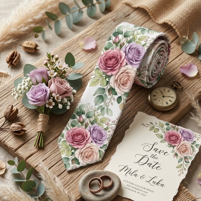 Cravate Romantic Watercolor Pastel Rose Floral  (Créateur téléchargé)